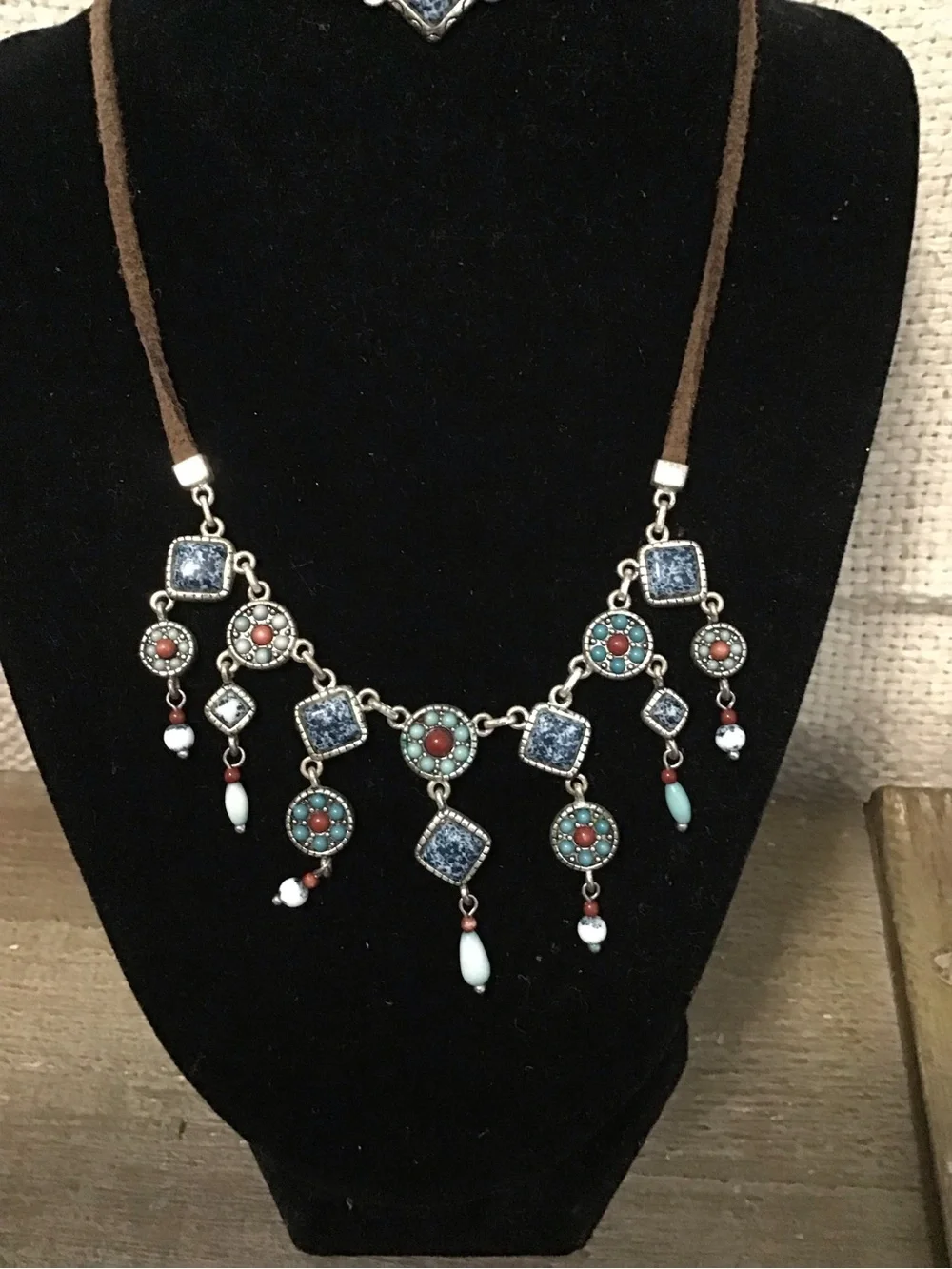 Boho Turquoise & Coral Pendant Necklace with Brown Suede Cord